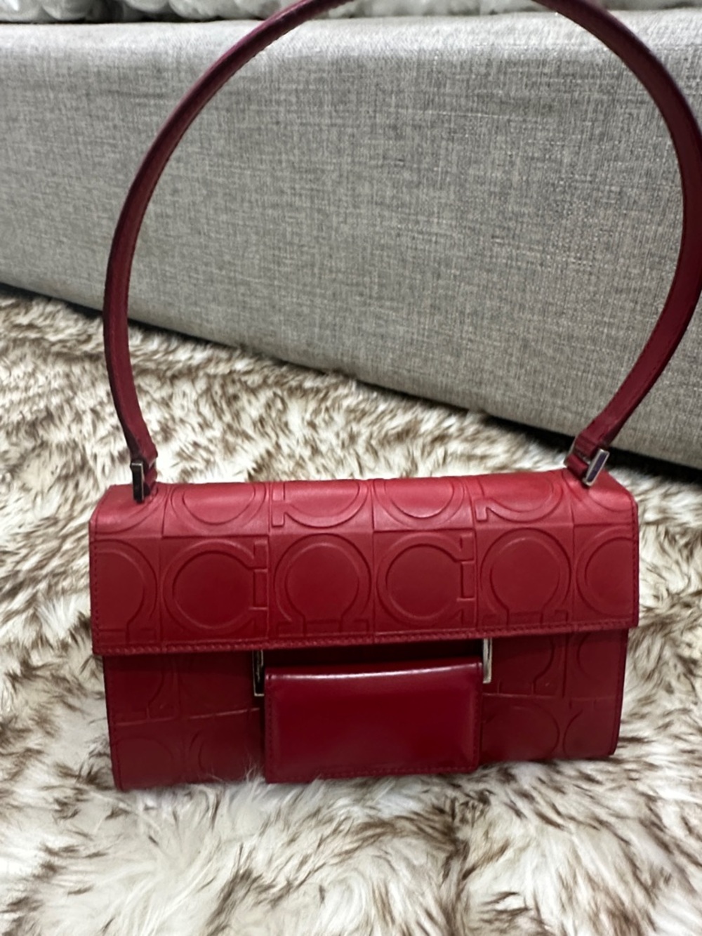 Salvatore Ferragamo Red Embossed Leather Bag with silver Ferragamo accents